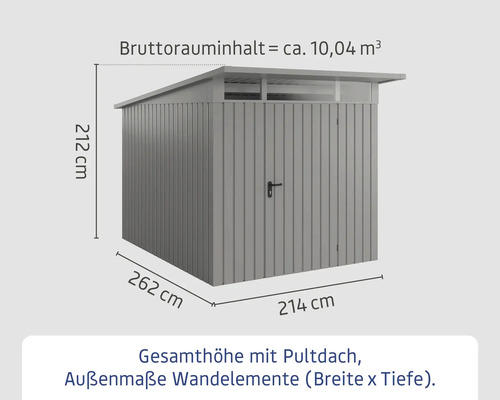 Abmessungen eines Gerätehauses mit Pultdach, Breite 214 Zentimeter, Tiefe 262 Zentimeter, Höhe 212 Zentimeter.