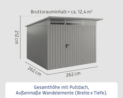 Geräteschuppen mit den Maßen 212 cm Höhe, 262 cm Breite und 262 cm Tiefe