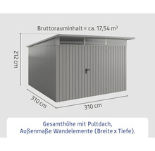 Gartenhaus mit den Maßen 310 x 310 x 212 cm und einem Bruttorauminhalt von circa 17,54 Kubikmeter.
