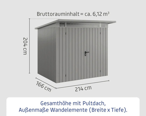 Abmessungen eines Geräteschuppens mit Pultdach: 204 Zentimeter Höhe, 166 Zentimeter Tiefe, 214 Zentimeter Breite und circa 6,12 Kubikmeter Bruttorauminhalt.