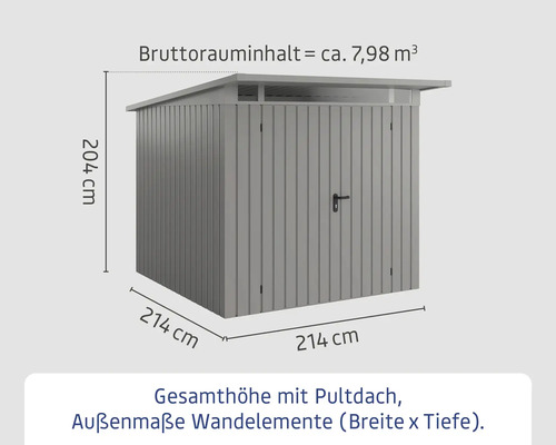 Gartenhaus mit Pultdach und Maßangaben