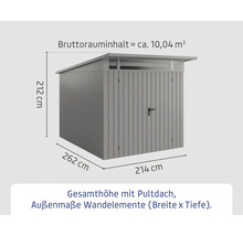 Gartenschrank mit Pultdach, Aussenmasse Wandelemente Breite 214 Zentimeter, Tiefe 262 Zentimeter, Hoehe 212 Zentimeter und Bruttorauminhalt 10,04 Kubikmeter.