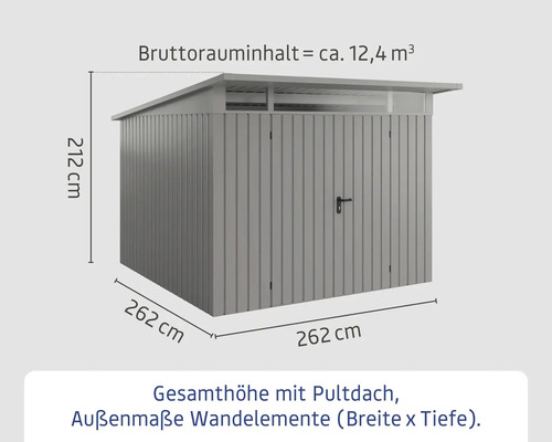 Abbildung eines Gerätehauses mit Pultdach und Maßangaben
