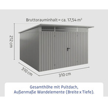 Abbildung eines Gerätehauses mit den Maßen 310 x 310 x 212 Zentimeter.