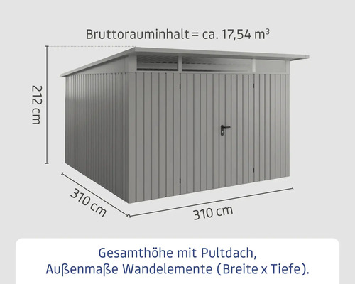 Abbildung eines Gerätehauses mit den Maßen 310 x 310 x 212 Zentimeter.