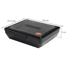 Schwarze Frischhaltedose aus Kunststoff mit den Maßen 34 mal 27,5 mal 9 Zentimeter.