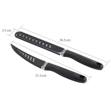 Zwei Filetiermesser mit schwarzem Griff und Klinge mit Aussparungen, Längen 36,5 cm und 31,5 cm