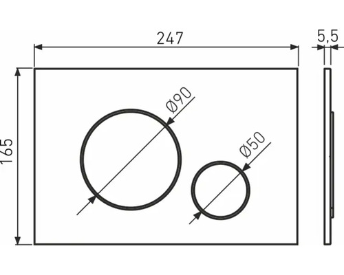 Technische Zeichnung einer Platte mit zwei Bohrungen, Durchmesser 90 mm und 50 mm, Maße 247 mm x 165 mm