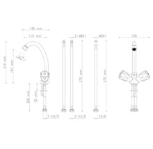 Technische Zeichnung einer Armatur mit Maßangaben