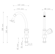 Technische Zeichnung einer Küchenarmatur mit Maßangaben