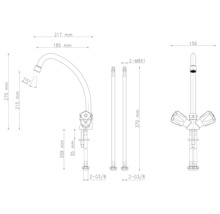 Technische Zeichnung einer Küchenarmatur mit Maßen