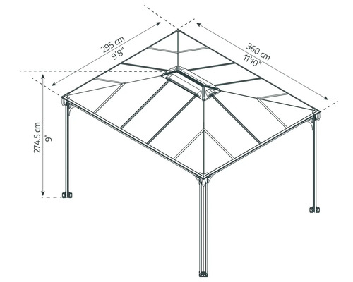 Technische Zeichnung eines Pavillons mit Maßangaben
