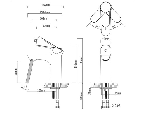 Technische Zeichnung einer Armatur mit Maßangaben