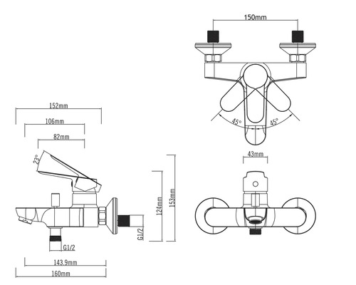 Technische Zeichnung einer Armatur mit Maßangaben