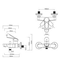 Technische Zeichnung einer Wasserarmatur mit Maßangaben