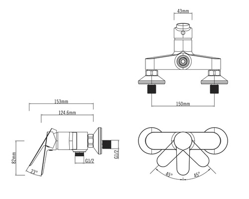 Technische Zeichnung einer Armatur mit Maßangaben