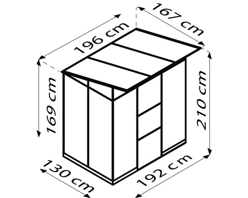 Abmessungen eines Gerätehauses: 130 cm x 192 cm Grundfläche, 169 cm x 210 cm Höhe, 196 cm x 167 cm Dach
