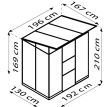 Technische Zeichnung eines Gerätehauses mit den Maßen 130 cm mal 192 cm Grundfläche und einer Höhe von 210 cm.