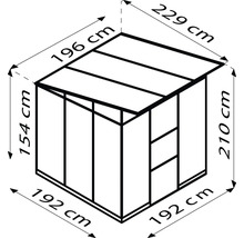 Maße eines Gartenhauses: 192 cm x 192 cm x 210 cm, Dach: 196 cm x 229 cm, Höhe: 154 cm