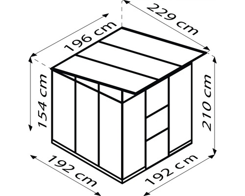 Maße eines Gartenhauses: 192 cm x 192 cm x 210 cm, Dach: 196 cm x 229 cm, Höhe: 154 cm