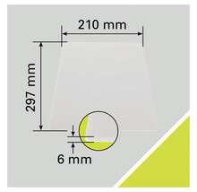Technische Zeichnung einer Platte mit den Maßen 210 Millimeter mal 297 Millimeter und einer Dicke von 6 Millimetern.