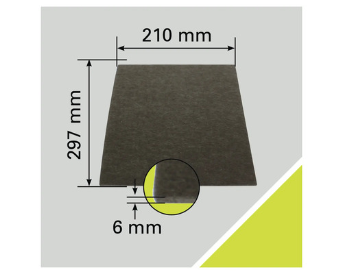 Dämmplatte mit den Maßen 210 Millimeter mal 297 Millimeter und einer Dicke von 6 Millimetern.