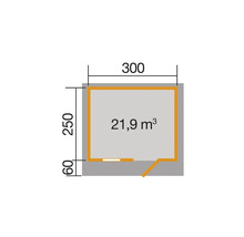 Grundriss mit Abmessungen: 300 cm Breite, 250 cm Höhe und 21,9 Kubikmeter Volumen