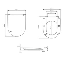 Technische Zeichnung eines Toilettensitzes mit Maßangaben