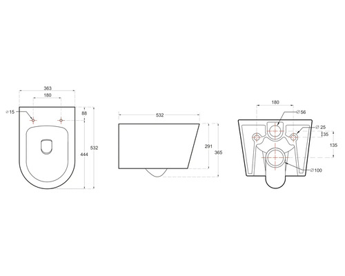 Technische Zeichnung eines wandhängenden WCs mit Maßangaben