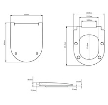 Technische Zeichnung eines Toilettendeckels mit Maßangaben