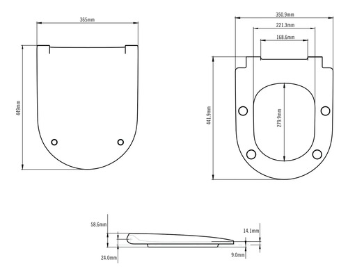 Technische Zeichnung eines Toilettendeckels mit Maßangaben
