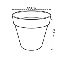 Skizze eines Pflanzgefäßes mit den Maßen 59,0 cm Breite und 53,2 cm Höhe