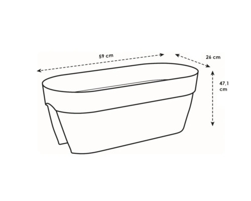Abbildung einer Pflanzkastenzeichnung mit den Maßen 59 cm Länge, 26 cm Breite und 47,1 cm Höhe.