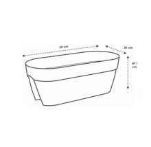 Abbildung eines Pflanzkastens mit den Maßen 59 cm Länge, 26 cm Breite und 47,1 cm Höhe.
