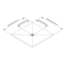 Technische Zeichnung einer Duschwanne mit den Maßen 800/900/1000/1200 mm und 400/450/500/600 mm