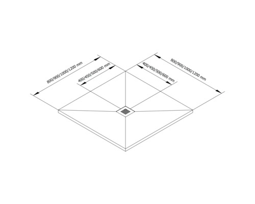 Technische Zeichnung einer Duschwanne mit den Maßen 800/900/1000/1200 mm und 400/450/500/600 mm