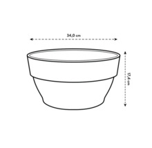Skizze eines Pflanzgefäßes mit den Maßen 34,0 cm Breite und 17,4 cm Höhe.