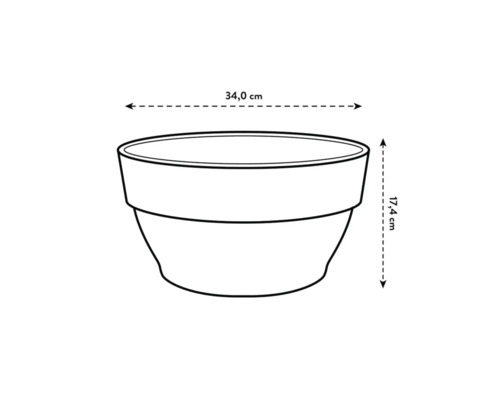 Skizze eines Pflanzgefäßes mit den Maßen 34,0 cm Breite und 17,4 cm Höhe.
