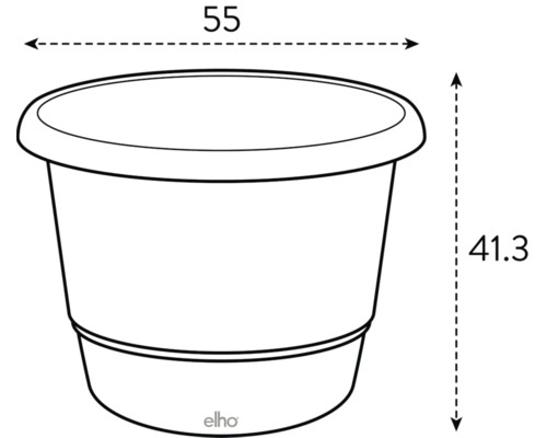 Abbildung eines Pflanzgefäßes mit den Maßen 55 und 41,3 sowie Elho Logo