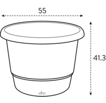 Technische Zeichnung eines Blumentopfes mit Maßangaben und Elho Logo