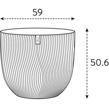 Technische Zeichnung eines Blumentopfes mit den Maßen 59 und 50,6 sowie Elho Logo.