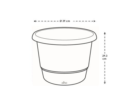 Abbildung eines Pflanzgefäßes mit den Maßen Durchmesser 39 cm und Höhe 29,3 cm.