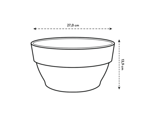 Schemazeichnung einer Pflanzschale mit den Maßen 27,0 cm Breite und 13,9 cm Höhe.