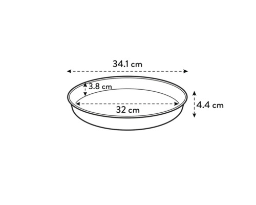 Abbildung einer runden Backform mit den Maßen 34,1 cm x 32 cm x 4,4 cm x 3,8 cm.