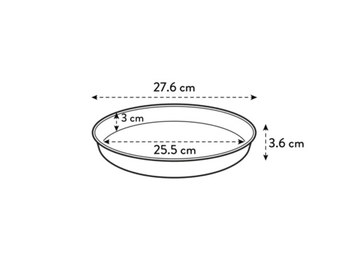 Abmessungen einer runden Kuchenform: 27,6 cm breit, 25,5 cm Durchmesser, 3 cm hoch in der Mitte, 3,6 cm hoch an der Seite