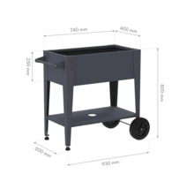 Abmessungen des Hochbeets mit Rädern und Ablageboden: 740 mm breit, 400 mm tief und 800 mm hoch.
