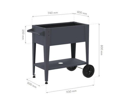 Abmessungen des Hochbeets mit Rädern und Ablageboden: 740 mm breit, 400 mm tief und 800 mm hoch.