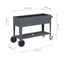 Abbildung eines Pflanzkastens mit den Maßen 1090 mm Länge, 400 mm Breite und 250 mm Höhe, der auf einem fahrbaren Untergestell mit Rädern und einer zusätzlichen Ablagefläche steht. Die Gesamthöhe beträgt 800 mm, die Länge des Untergestells...