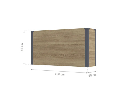 Hängeschrank mit Holzoptik Front und stabilen Eckverbindungen, Maße 100 mal 52 mal 25 Zentimeter, ideal für die Wandmontage.