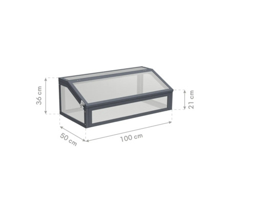 Frühbeet mit Aluminiumrahmen und Hohlkammerplatten mit Maßangaben 100 mal 50 mal 36 Zentimeter